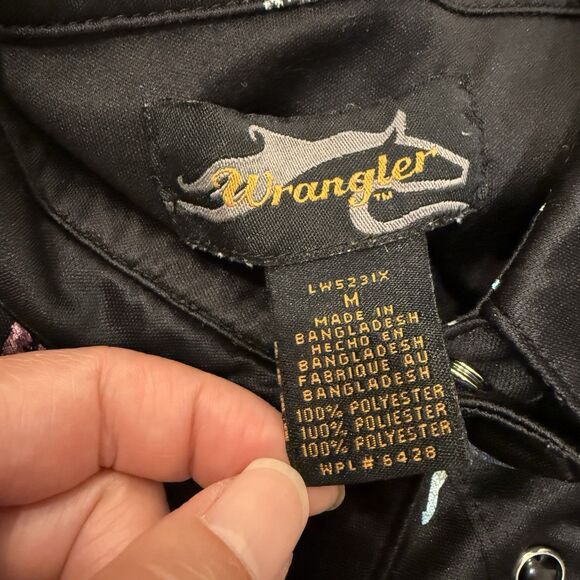 Wrangler Western Shirt Snap Buttons Hologram Horse Print Womens Sz M Black Satin - Picture 3 of 11